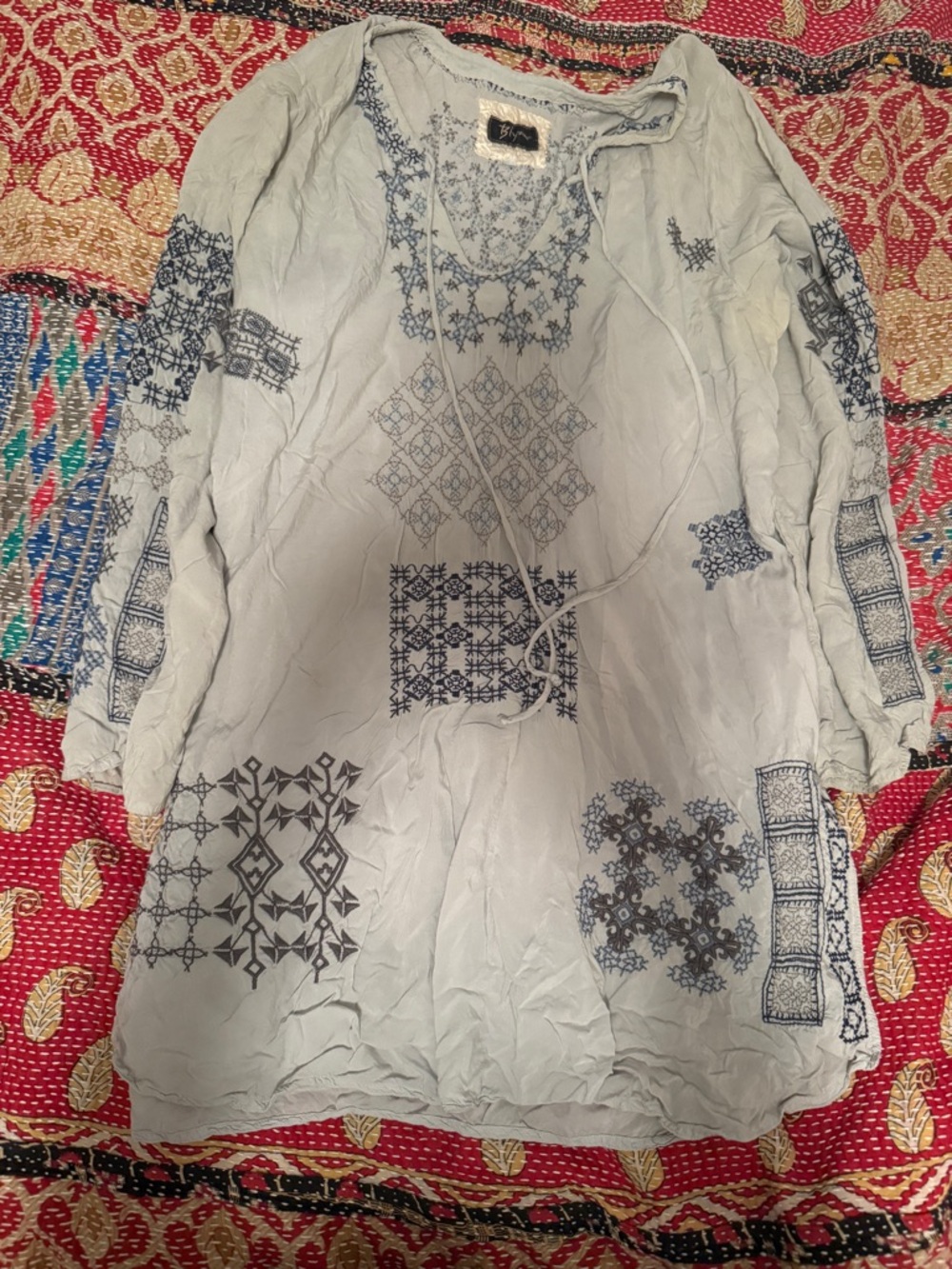 Johnny Was Pale Blue Tunic with Navy Embroidery